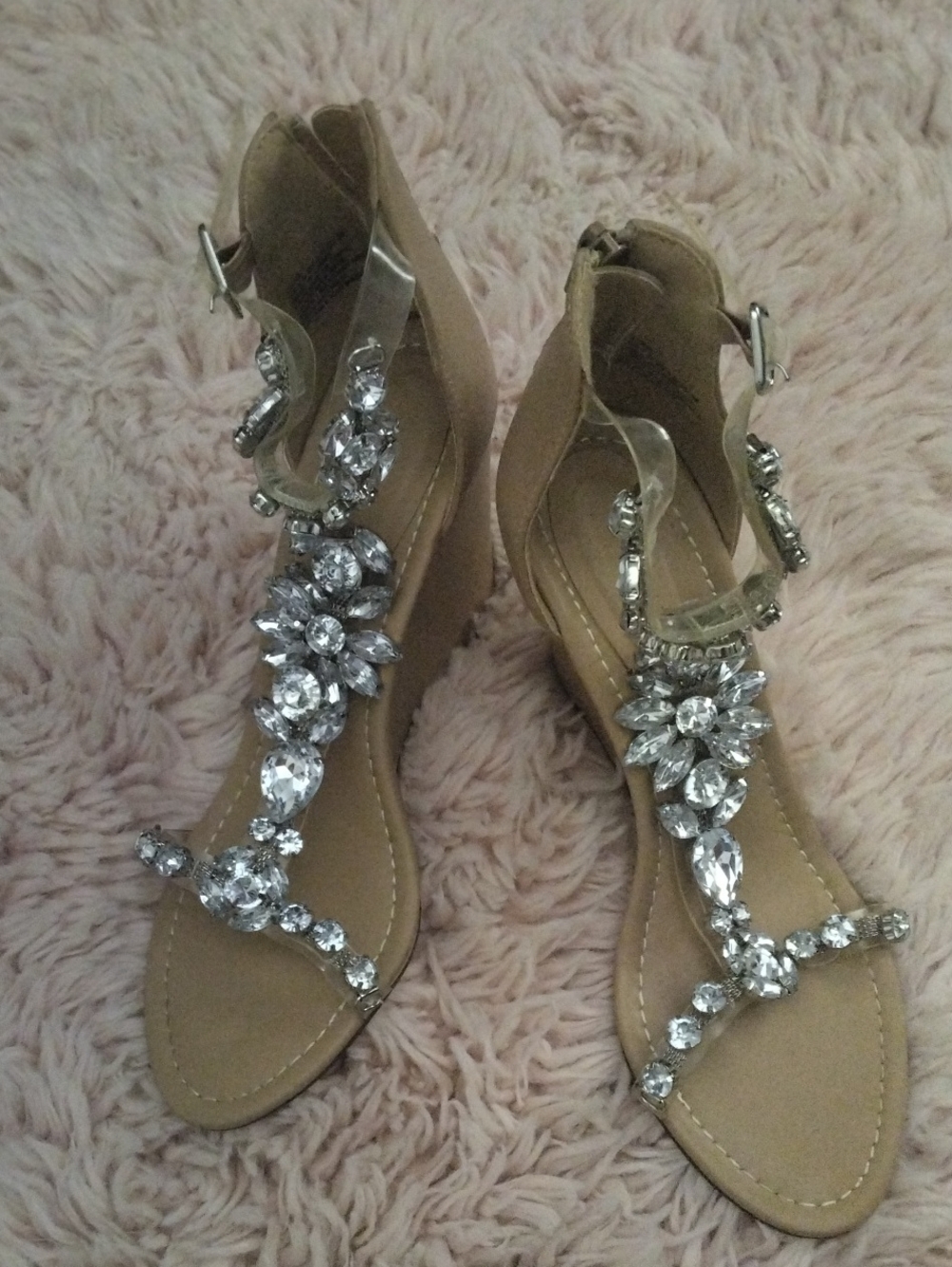 JustFab Tan Jeweled T-Strap Sandals with Clear Ankle Straps